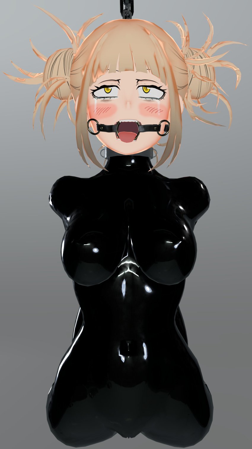 1girls 3d blender blonde_hair bondage clothing handcuffs hanging himiko_toga justchilling3d latex latex_clothing latex_gloves my_hero_academia restrained tight_clothing