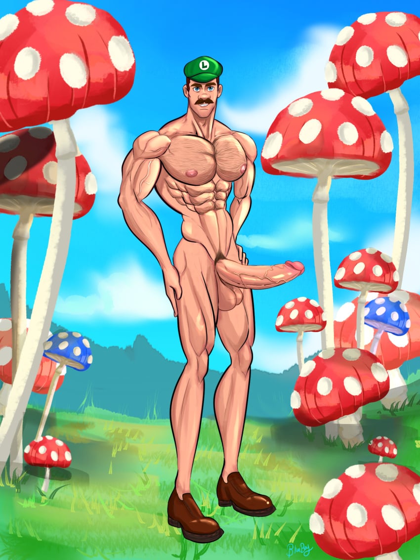 1boy abs balls big_penis blue_eyes blue_sky blueboybara clouds erection facial_hair grass green_hat hat huge_cock human human_only large_penis light-skinned_male light_skin looking_at_viewer luigi male male_nipples male_only mario_(series) masculine mature_male moustache muscular muscular_male mushroom nintendo nipples nude nude_male outdoors penis pubic_hair solo solo_male