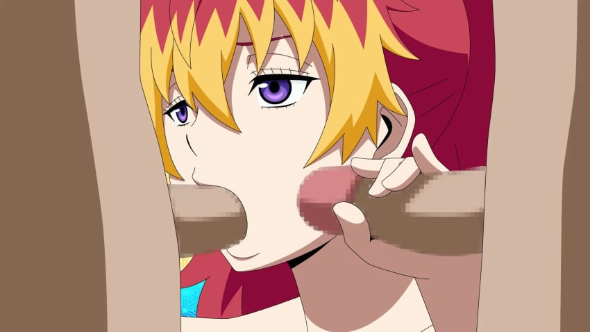 1boy 1girls 2boys ao_no_exorcist atelier_gons censored cock fellatio female handjob kirigakure_shura large_breasts male oral penis ponytail purple_eyes red_hair tattoo tattoo_on_chest threesome two_tone_hair yellow_hair