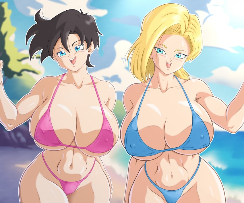 2girls 6:5 android_18 big_breasts bikini black_hair blonde_hair blue_eyes breasts dragon_ball dragon_ball_z female female_only hi_res highres huge_breasts large_breasts milf multiple_girls soul-z swimsuit thick_thighs videl videl_(short_hair) voluptuous