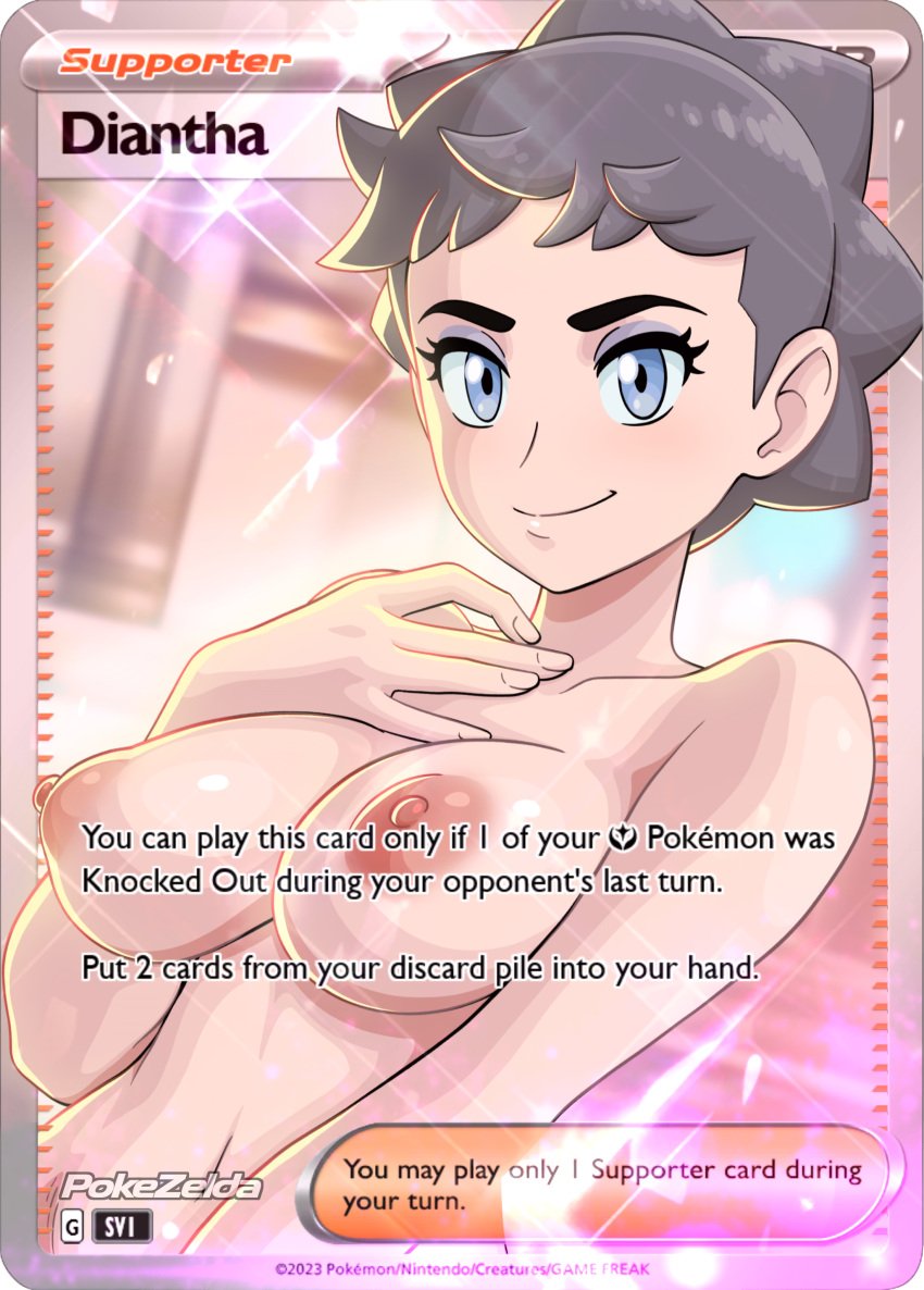 black_eyebrows blue_eyes breasts card diantha diantha_(pokemon) female looking_at_viewer makeup naked nipples pokemon pokemon_champion pokemon_trading_card_game pokemon_trainer pokemon_xy pokezelda3 short_hair smiling trading_card trading_card_game white_skin