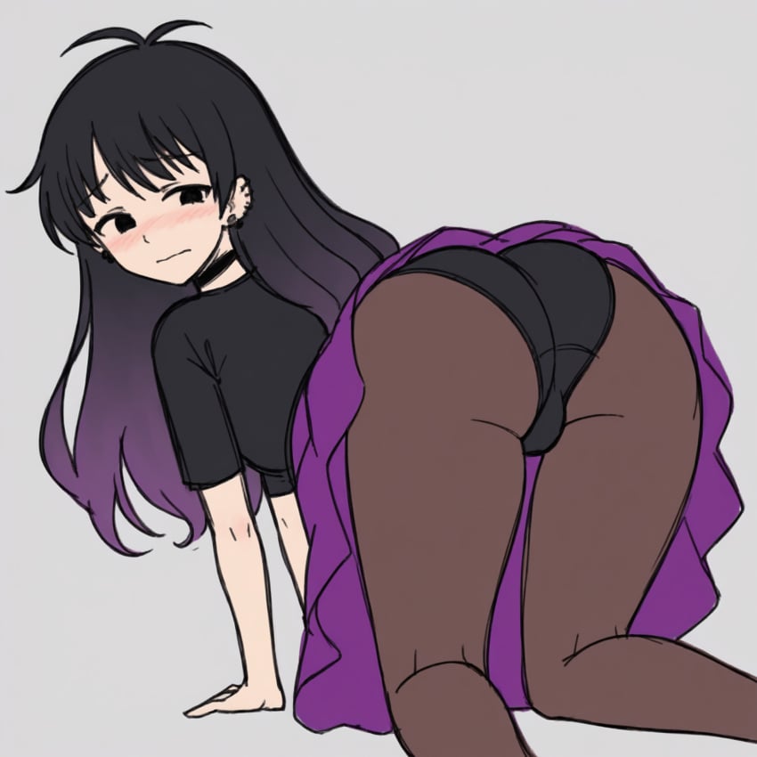 ahoge ai_generated all_fours ass ass_focus bent_over black_eyes black_hair black_panties black_shirt blush choker earrings from_behind gradient_hair highres large_ass long_hair looking_back multicolored_hair nervous oc_(osmondai) original original_character osmondai panties pantyhose pleated_skirt purple_hair purple_skirt sayu_(osmondai) skirt stable_diffusion two-tone_hair upskirt