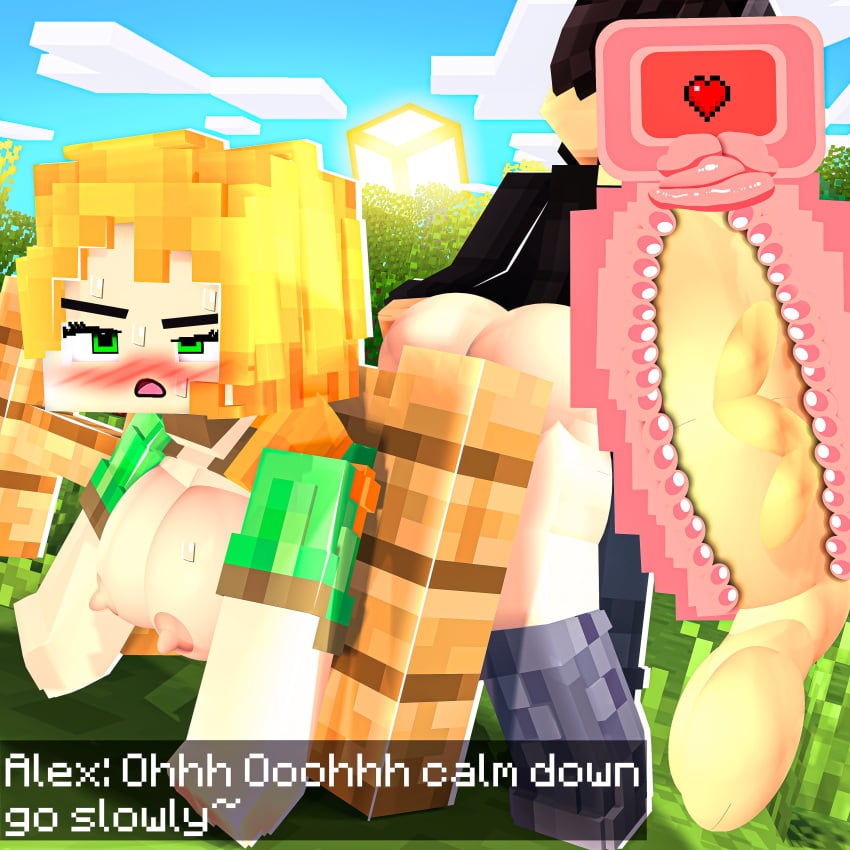 1boy 1girls 3d alex_(minecraft) angry big_ass big_breasts boots breasts doggy_style erect_nipples erect_penis female flashing_breasts from_behind green_eyes green_shirt horny_female looking_back lounan18 male mine-imator minecraft no_panties orange_hair outdoors outside shirt_lift stuck stuck_in_fence sun tagme vaginal_penetration vaginal_sex wet_pussy x-ray