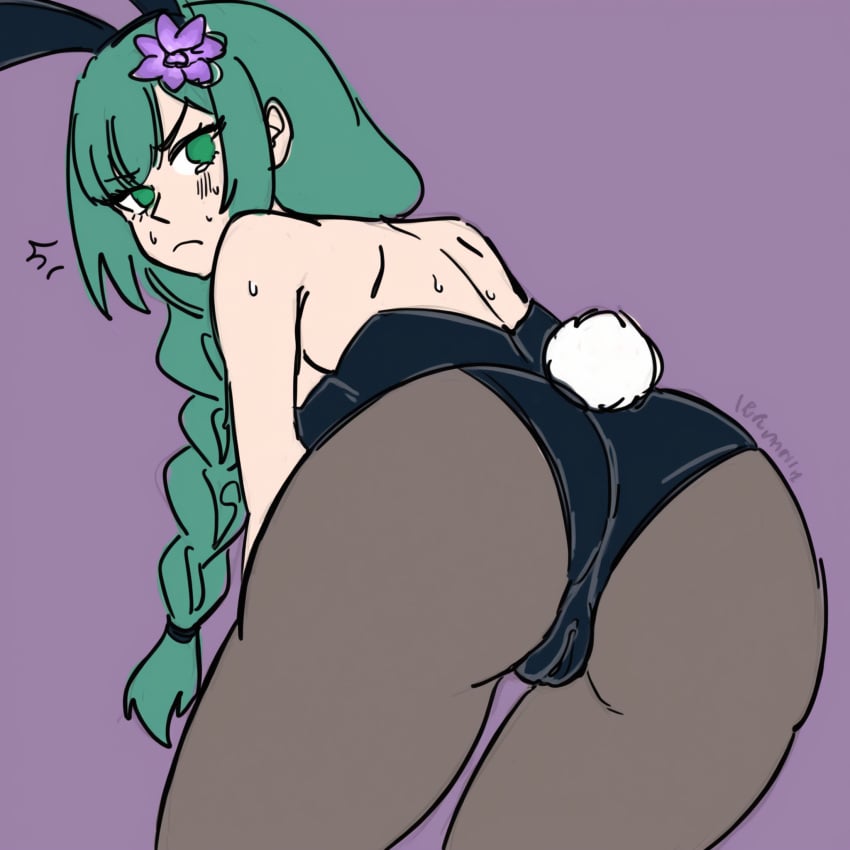 1girls ai_generated annoyed ass ass_focus bent_over black_leotard blush braided_hair braided_ponytail bunny_ears bunnysuit cotton_tail flower flower_in_hair green_eyes green_hair large_ass leotard long_hair looking_back original original_character osmondai ponytail purple_background purple_flower pussy pussy_visible_through_clothes rabbit_ears rabbit_tail simple_shading solo someone_else's_oc stable_diffusion sweat sweatdrop thick_thighs viper_(oc) wide_hips