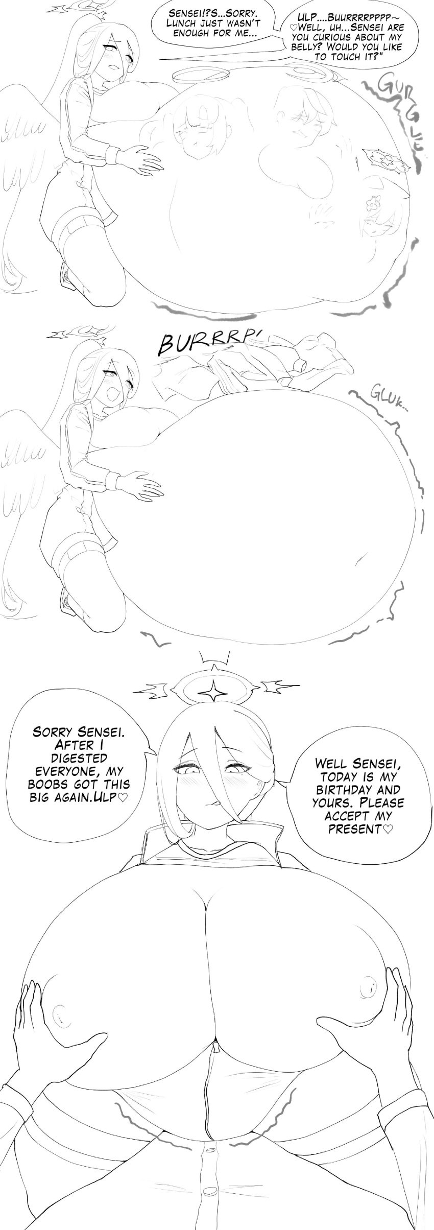 1boy 2d 2d_(artwork) 4girls 5idestep ako_(blue_archive) belly belly_bulge big_belly big_belly_bulge big_breasts blue_archive breast_expansion breasts burp burping burping_up_clothes clothed clothed_female commission dialogue digestion digestion_noises english english_dialogue english_text exposed_breasts face_imprint hasumi_(blue_archive) male_pov mari_(blue_archive) multiple_females multiple_girls no_color oral_vore pov soft_vore vore vore_belly yuuka_(blue_archive)