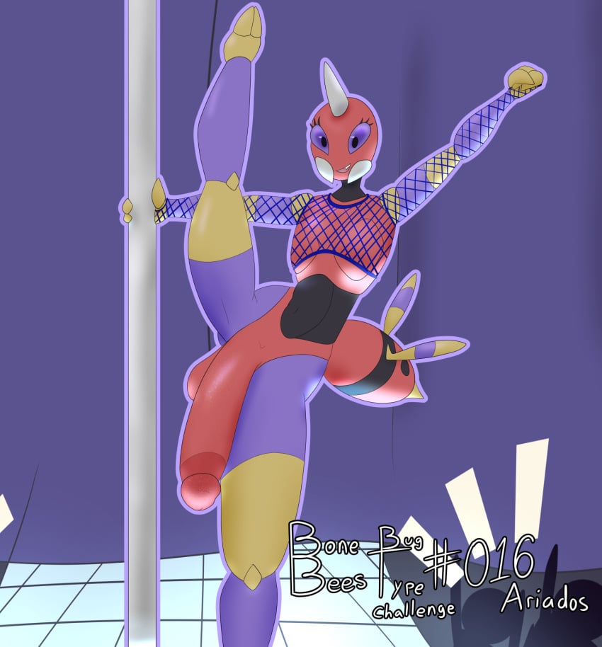 2025 2_toes anthro ariados artist_name ass big_penis bonebees butt_from_the_front cheering clothing crowd curtains digital_drawing_(artwork) digital_media_(artwork) exoskeleton feet femboy fishnet_clothing fishnet_topwear flexible floor generation_2_pokemon genitals group hi_res horn huge_cock looking_at_viewer male mandibles multicolored_body nintendo one_leg_up open_mouth open_smile penis pokemon pokemon_(species) pole purple_eyes raised_leg smile solo solo_focus splits spread_legs spreading standing stripes stripper stripper_pole tile tile_floor toes topwear vertical_splits