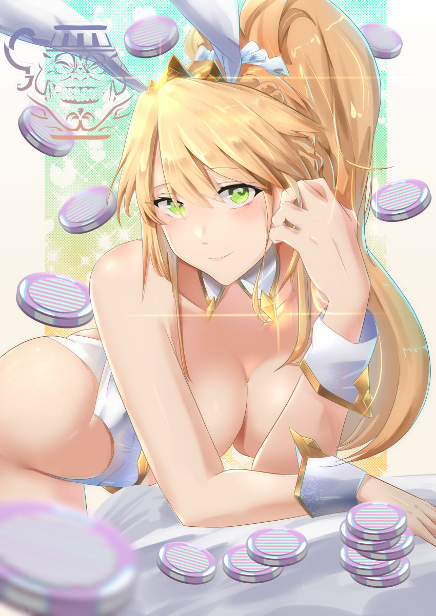 absurdres ahoge animal_ears artoria_pendragon_(all) artoria_pendragon_(fate) artoria_pendragon_(swimsuit_ruler)_(fate) artoria_pendragon_(swimsuit_ruler)_(first_ascension)_(fate) ass bare_shoulders blonde_hair blush braid breasts cleavage closed_mouth detached_collar fake_animal_ears fate/grand_order fate_(series) female french_braid green_eyes hair_between_eyes highleg highleg_leotard highres huge_filesize large_breasts leaning_forward leotard long_hair looking_at_viewer nakagawa_kanon_(pixiv32798535) playboy_bunny poker_chip ponytail pot_of_greed rabbit_ears sidelocks smile tiara white_leotard wrist_cuffs yu-gi-oh!