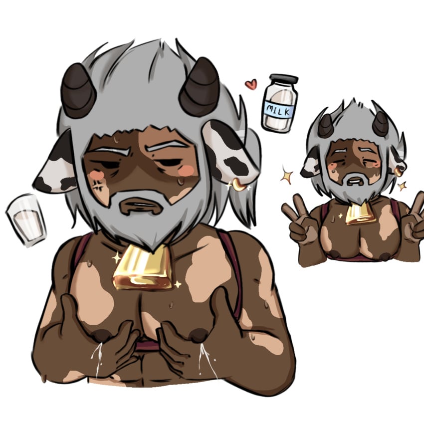 cow_ears lactating man_boobs milk oc old_man original_character sweat vitiligo