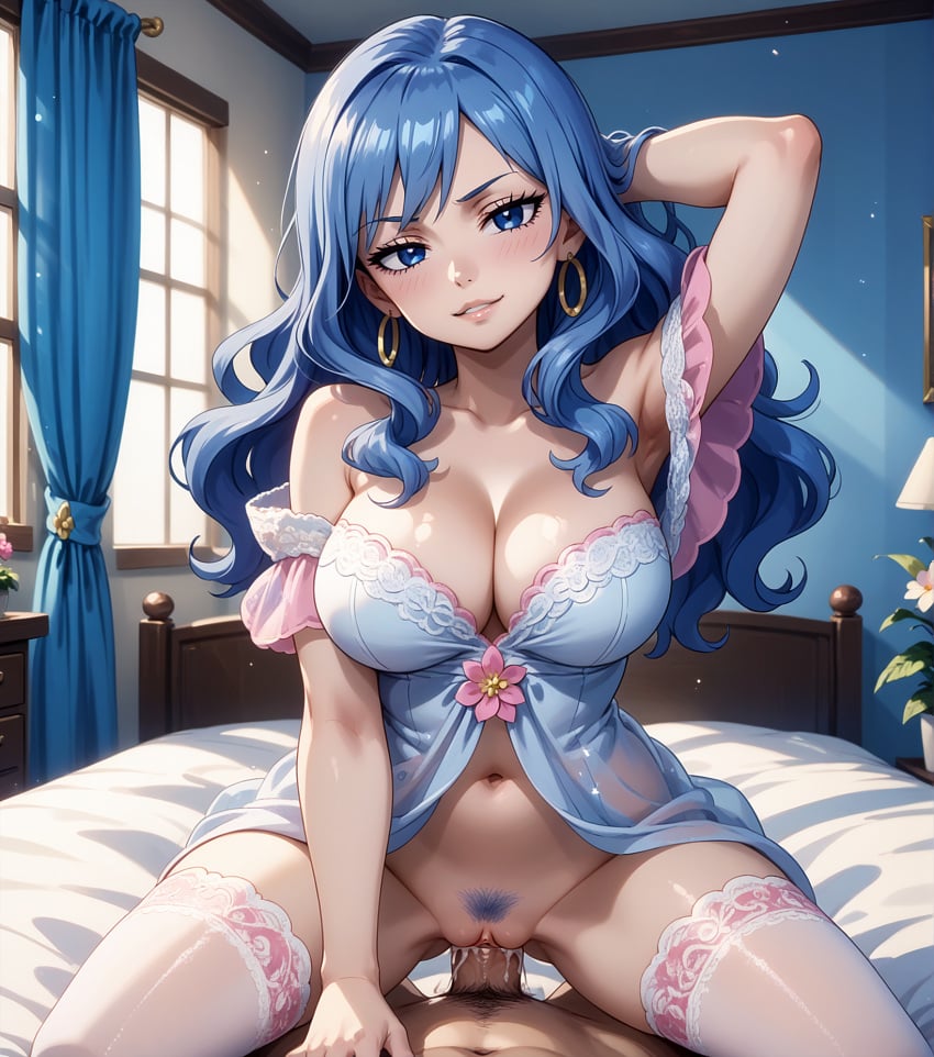 ai_generated babydoll bedroom blue_eyes blue_hair cleavage cowgirl_position earrings fairy_tail juvia_lockser large_breasts lingerie long_hair looking_at_viewer navel off_shoulder payop pony_diffusion_xl pov pov_eye_contact pubic_hair seductive_smile stockings uncensored vaginal_sex