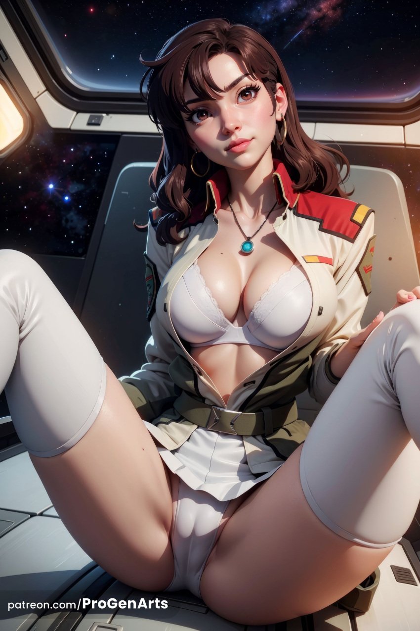 1girls ai_generated artist_name belt bra breasts brown_eyes brown_hair cameltoe cleavage closed_mouth cockpit earrings gundam gundam_seed gundam_seed_destiny gundam_seed_freedom hi_res hoop_earrings jacket jewelry large_breasts lips long_hair looking_at_viewer medium_breasts military military_uniform mobile_suit_gundam mole mole_on_breast mole_on_thigh murrue_ramius necklace open_clothes open_shirt panties patreon_username pleated_skirt progenarts sitting skirt solo space spread_legs star_\(sky\) thighhighs thighs underwear uniform web_address white_bra white_panties white_skirt white_thighhighs