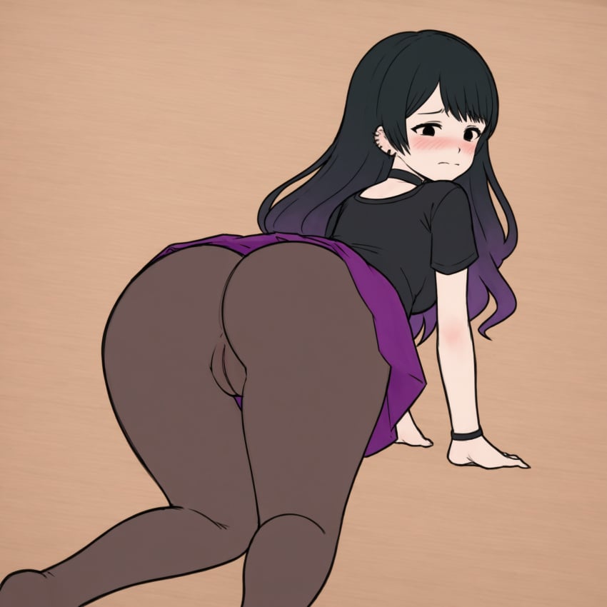 ahoge ai_generated all_fours ass ass_focus bent_over black_eyes black_hair black_shirt blush choker earrings from_behind gradient_hair highres large_ass long_hair looking_back multicolored_hair nervous no_panties oc_(osmondai) original original_character osmondai pantyhose pleated_skirt purple_hair purple_skirt pussy pussy_visible_through_clothes sayu_(osmondai) skirt stable_diffusion thick_thighs two-tone_hair upskirt