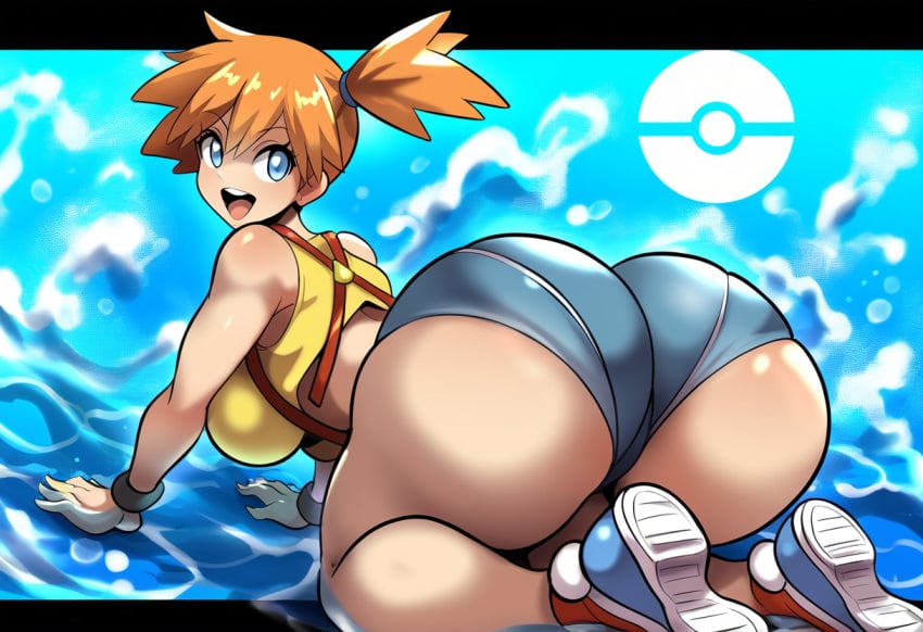 1girls ai_generated all_fours ass big_ass big_breasts blue_eyes bubble_butt dat_ass huge_ass kasumi_(pokemon) large_breasts mullon novelai orange_hair overalls pokemon pokemon_(anime) pokemon_rgby that_ass_was_fat watermark