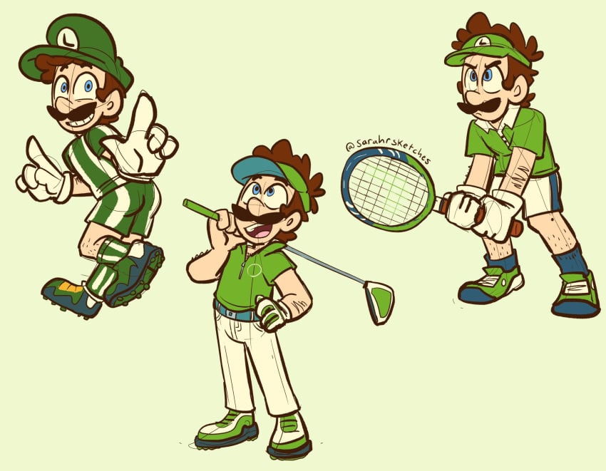 1boy arm_hair blue_eyes brown_hair cleats facial_hair gloves golf_club green_hat green_shirt hat highres holding holding_golf_club holding_tennis_racket leg_hair looking_at_viewer looking_up luigi mario_(series) mario_golf mario_strikers_(series) mario_tennis moustache nintendo open_mouth pants racket sarah_sketches shirt shoes short_sleeves shorts smile sneakers soccer_uniform sportswear tennis_racket