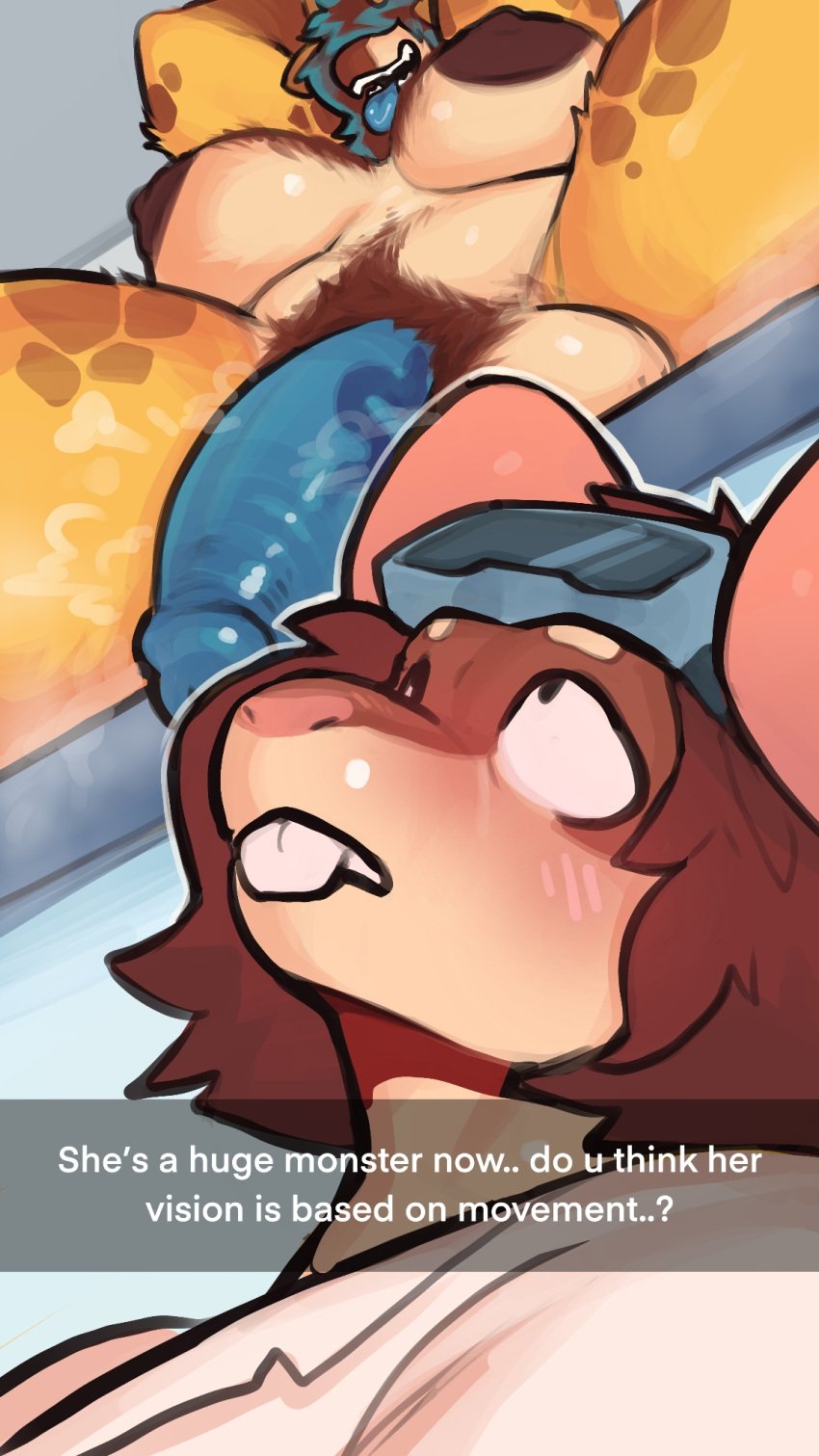 anthro big_breasts bigcozyorca blush body_hair breasts counter duo english_text eyewear eyewear_on_head futanari giraff goggles goggles_on_head gynomorph hair hi_res intersex jackie_(bigcozyorca) mammal molly_(bigcozyorca) mouse murid murine musk musk_clouds rodent snapchat social_media tongue tongue_out trans_(lore) trans_woman_(lore) vein