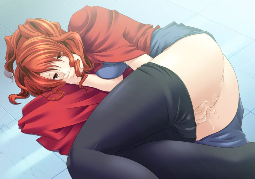 ass censored covering covering_face covering_mouth endure_to_moan hand_over_own_mouth highres long_hair lying masturbation on_side orange_hair pantyhose pantyhose_pull ponytail pussy_juice red_eyes red_hair solo takasugi_rinko tied_hair