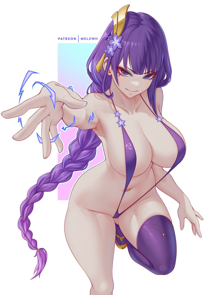 artist_name asymmetrical_legwear casting_spell energy genshin_impact large_breasts melowh mole_under_eye patreon_username raiden_shogun single_thighhigh slingshot_swimsuit smile