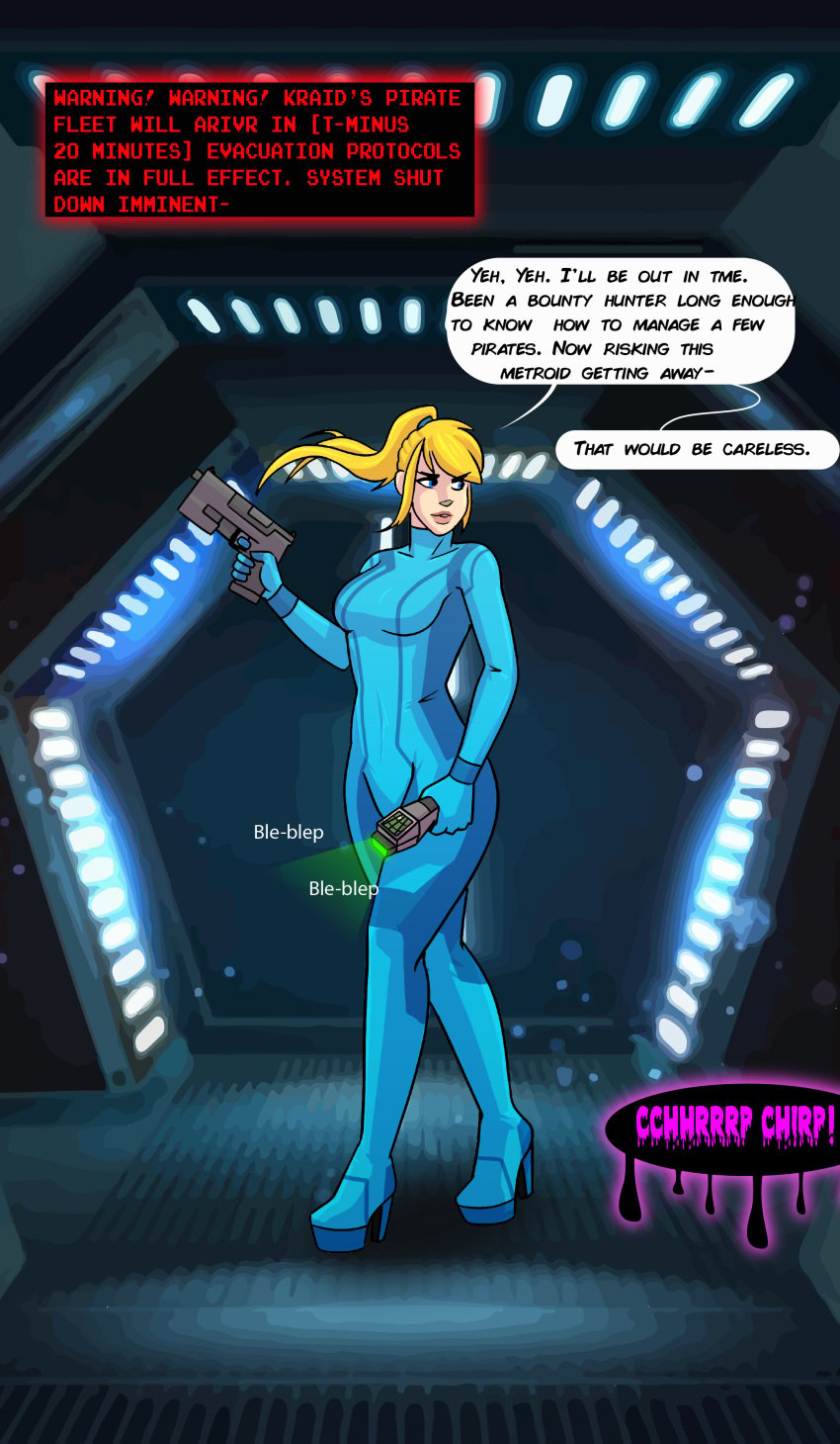 absurdres bimbofication blonde_hair bodysuit comic dialogue english_text female_only femsub gun high_heels jessiestartf metroid_(series) nintendo ponytail samus_aran sequence solo speech_bubble standing text transformation weapon zero_suit