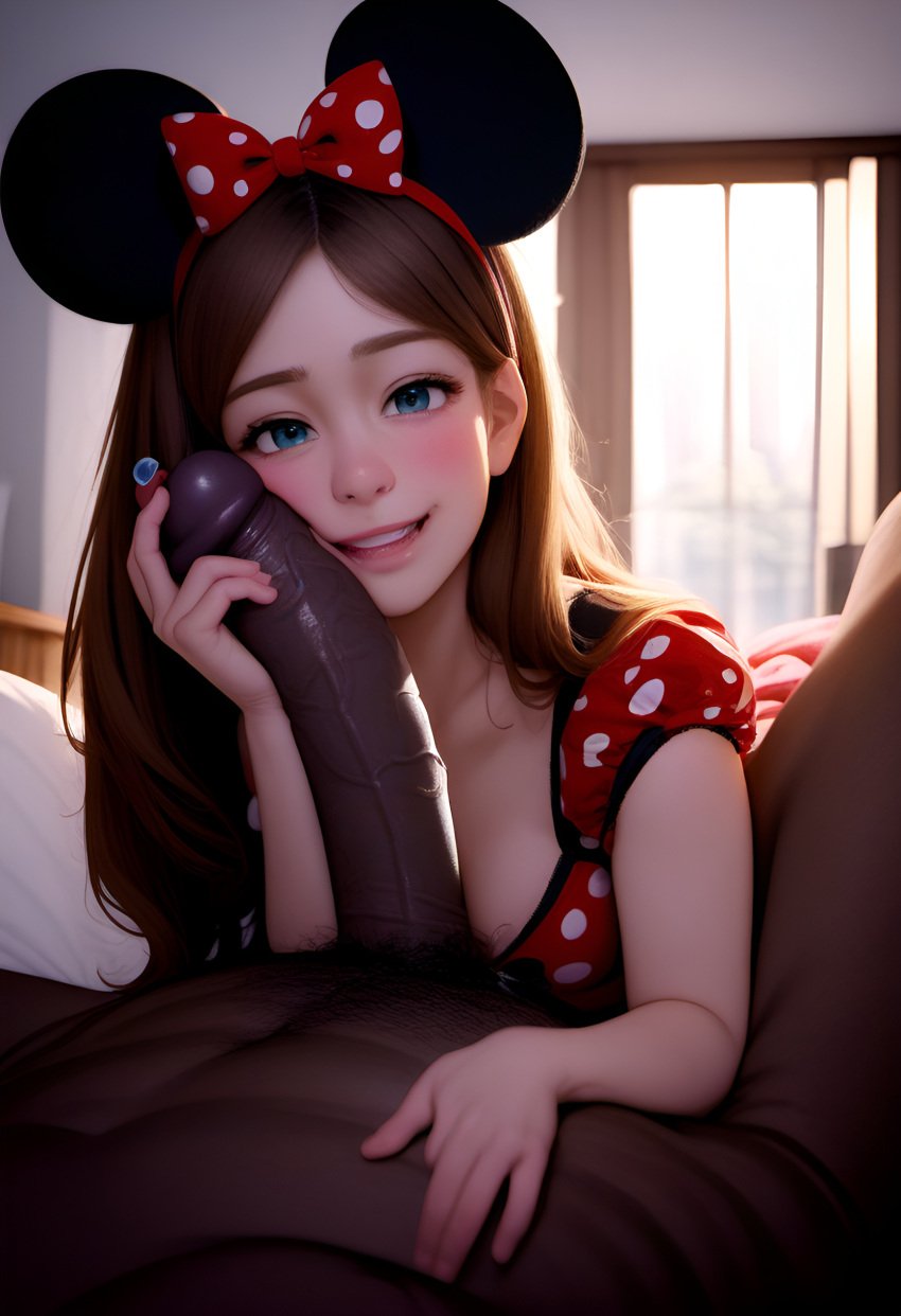 african_male ai_generated brown_hair clothed_female_nude_male cock_worship dark-skinned_male disney gravity_falls light-skinned_female mabel_pines minnie_mouse_(cosplay) sucking_penis veiny_penis