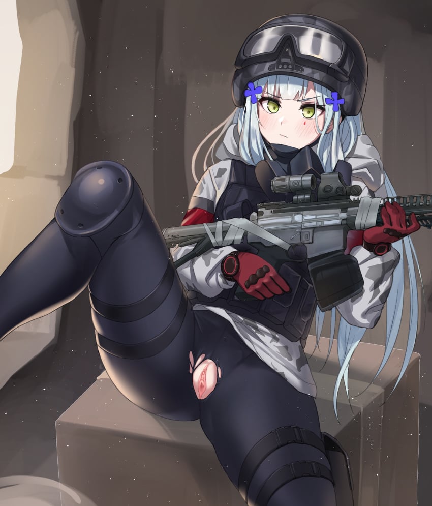 1girls 2021 :/ beruko14 blush box clitoris embarrassed emotionless exposed_pussy female female_only girls'_frontline gloves green_eyes hairclip helmet highres hk416_(girls'_frontline) holding_weapon light-skinned_female light_skin long_hair no_panties on_box pants pussy rifle solo spread_legs tactical_gear tear_(marking) thighs tight_pants torn_clothes torn_pants uncensored vagina weapon white_hair