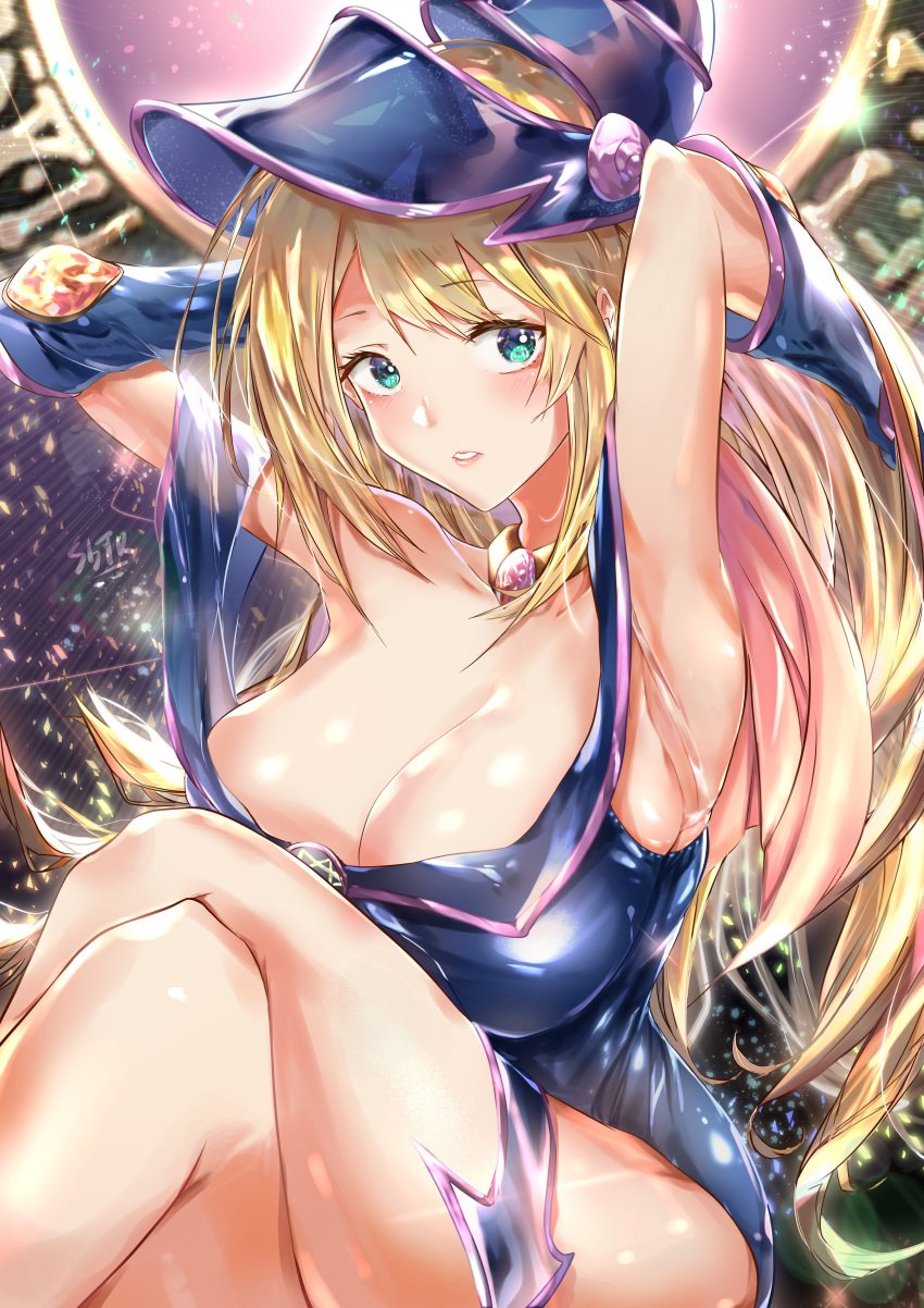 absurdres aqua_eyes armpits arms_behind_head bare_shoulders breasts cleavage crossed_legs dark_magician_girl duel_monster feet_out_of_frame female hat highres large_breasts nakagawa_kanon_(pixiv32798535) solo wizard_hat yu-gi-oh! yu-gi-oh!_duel_monsters