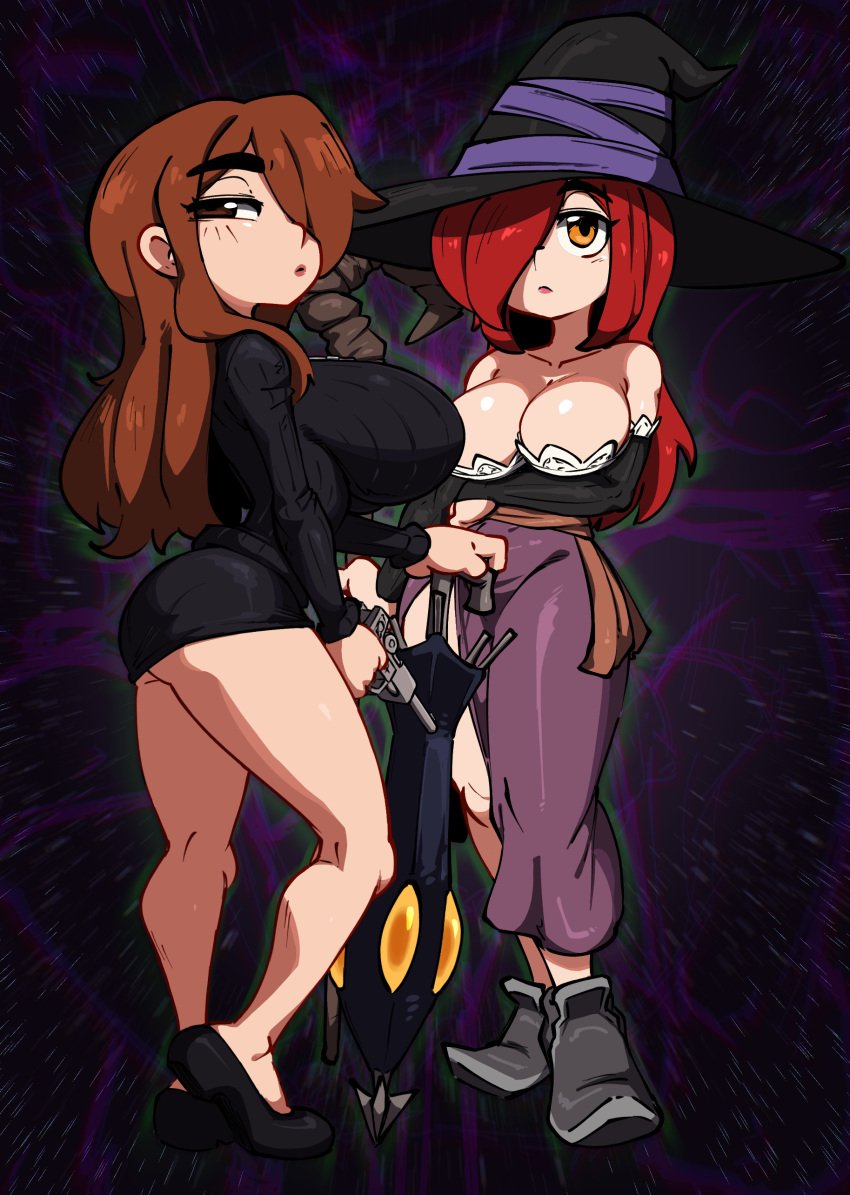 2girls ass bare_legs bare_shoulders big_breasts breasts brown_hair busty detached_sleeves dragon&#039;s_crown dress female female_only gun hat holding_object holding_staff huge_breasts jellot long_hair parasoul red_hair skullgirls sorceress_(dragon&#039;s_crown) staff swapped_clothes weapon witch_hat