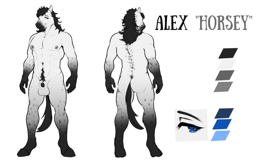 abs absurd_res alexderott animal_genitalia animal_penis anthro ass balls black_body black_fur black_hair blue_eyes body_hair conrad_justin equid equine equine_genitalia equine_penis fur genitals grey_body grey_fur hair happy_trail hi_res horse horse_tail male mammal markings model_sheet muscular muscular_anthro muscular_male nude penis sheath solo spots spotted_markings white_body white_fur