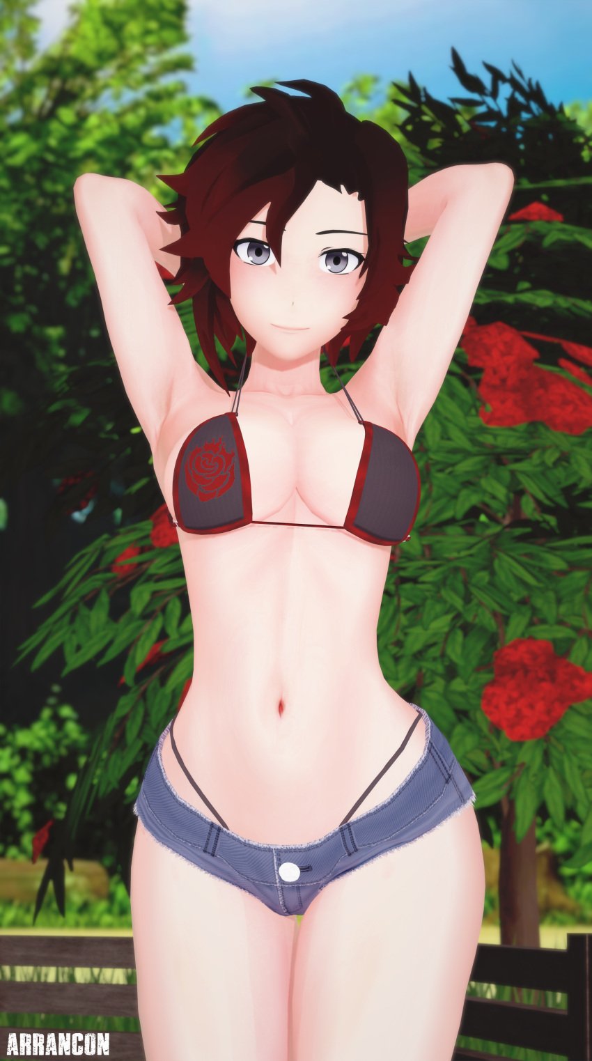 1girls 3d arrancon bikini bikini_top black_hair black_hair_female hands_behind_head pose posing red_highlights rose_(flower) roses ruby_rose rwby short_shorts silver_eyes solo_female