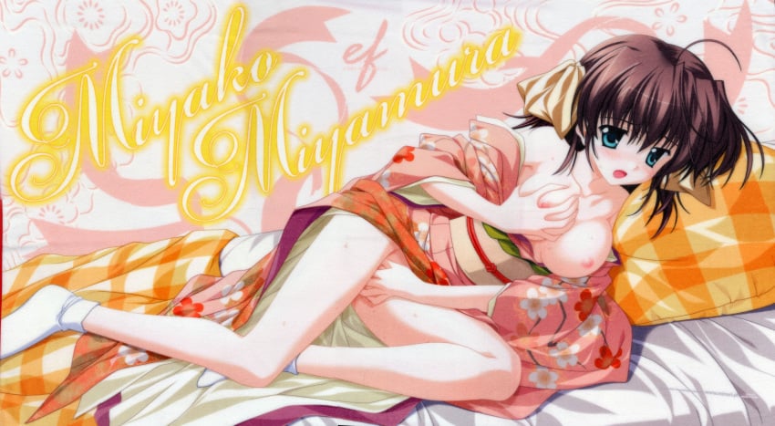 1girls anklehighs bed bed_sheet bow breast_grab breasts brown_hair ef feet female footwear green_eyes hair_ribbon highres japanese_clothes kimono long_legs masturbation miyamura_miyako nanao_naru nipples no_panties open_mouth pillow pillows ribbon self_fondle short_hair socks solo tabi white_socks