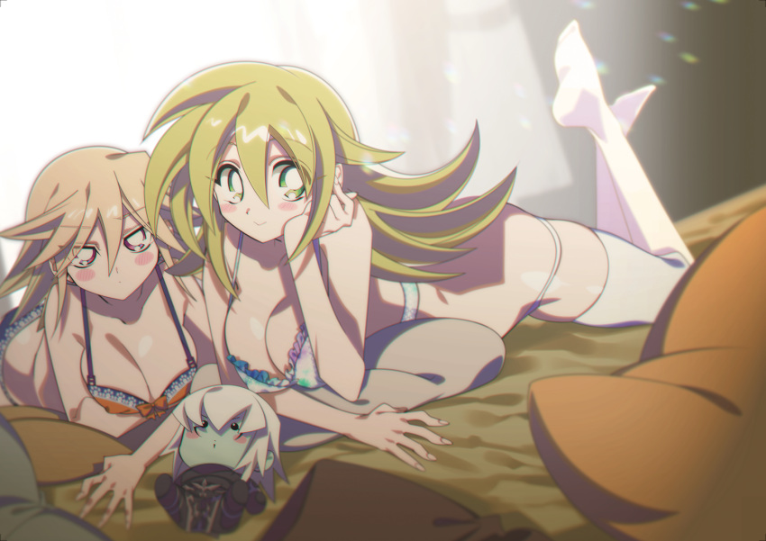 2girls bed bed_sheet blonde_hair blush_stickers bra breasts cleavage dark_magician dark_magician_girl doll duel_monster frilled_bra frilled_panties frills gagaga_girl green_eyes half-closed_eyes looking_at_viewer lying medium_breasts misaka_(missa) multiple_girls on_bed on_stomach panties pillow purple_eyes smile thighhighs underwear yu-gi-oh!