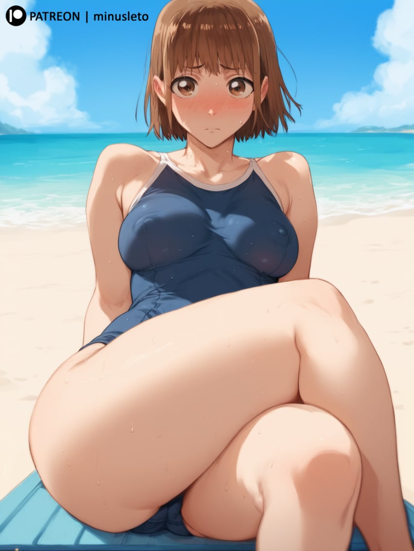 2024 ai_generated blue_box brown_eyes brown_hair chinatsu_kano minusleto short_hair stable_diffusion swimsuit thick_thighs