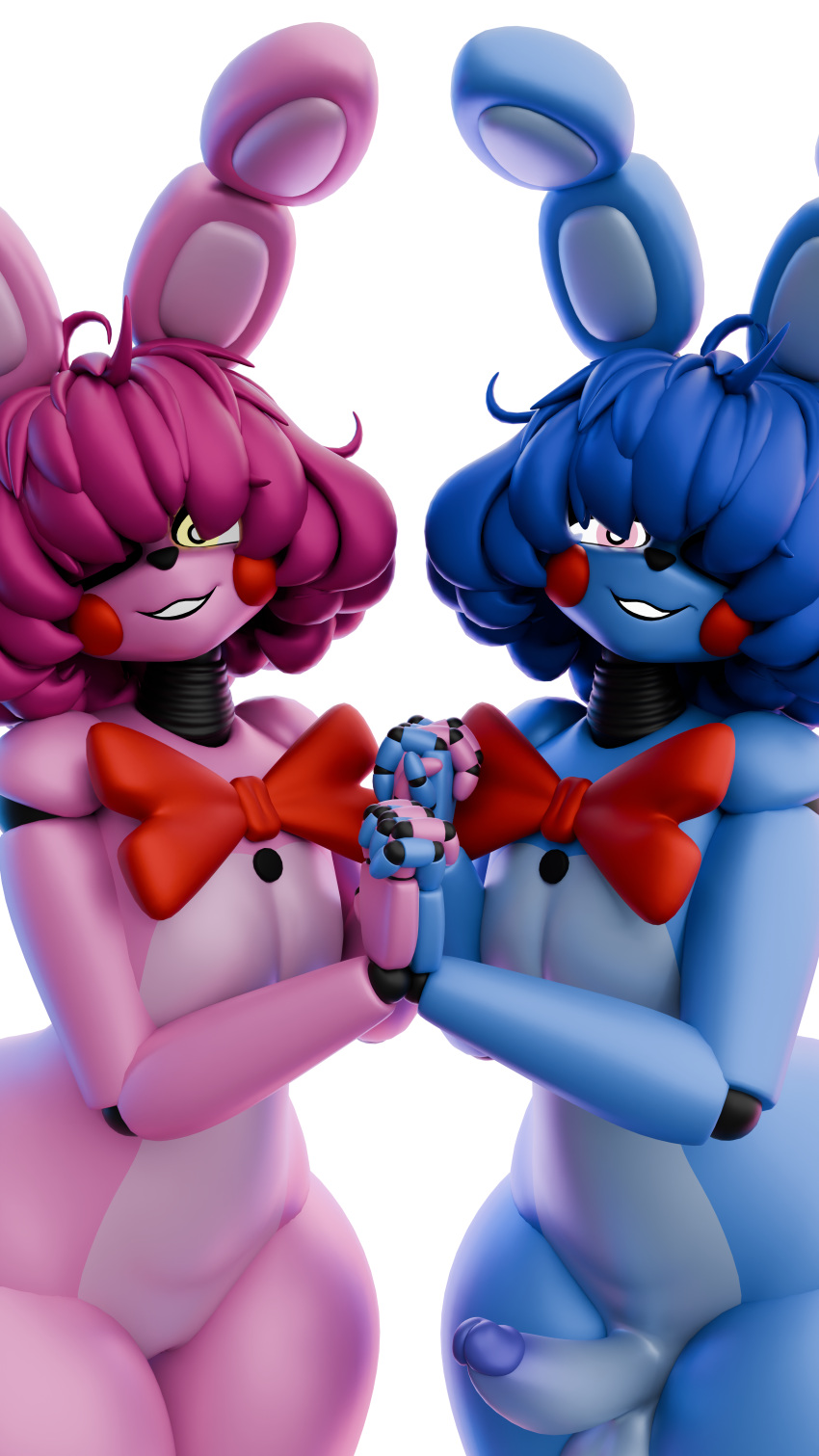 3d_(artwork) absurd_res alpha_channel animatronic blender_(artwork) blue_body blue_hair bob_cut bonnet_(fnafsl) bow_tie digital_media_(artwork) duo female five_nights_at_freddy's flat_chested genitals hair hair_over_eye hand_holding hi_res huge_filesize humanoid_genitalia humanoid_penis interlocked_fingers jordevoir_(artist) lagomorph leporid machine male mammal penis pink_body pink_hair puppet_bonnie_(fnafsl) rabbit red_bow_tie robot robot_anthro scottgames sibling_(lore) simple_background sister_location smile smiling_at_viewer thick_thighs transparent_background twins_(lore) wide_hips