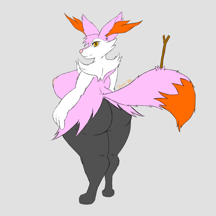 1girls alternate_color anthro areola ass big_ass big_breasts braixen breasts canine digitigrade eyelashes fangs female fox fur furry hand_on_hip hi_res huge_ass huge_breasts huge_thighs inner_ear_fluff large_hands looking_at_viewer mammal nintendo nipples paws pink_fur pokémon_(species) pokemon pokemon_(species) pokemon_xy rear_view shortstack simple_background slightly_chubby smile solo stamin-up standing stick tail video_games voluptuous wide_hips yellow_eyes