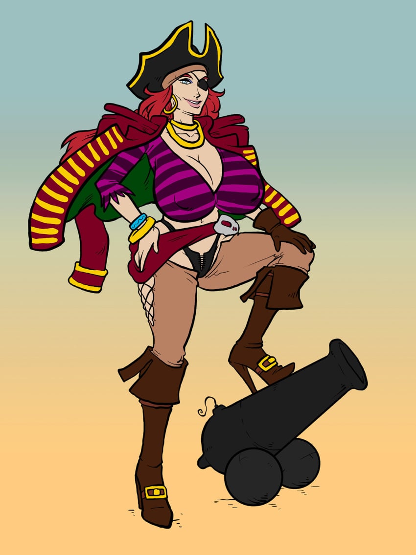 bal'rana boots breasts cannon cannonball cleavage coat earrings full_length gloves hat jewelry legend_of_queen_opala nipples pirate pirate_captain pirate_hat red_hair sparrow_(artist) standing tagme thong weapon