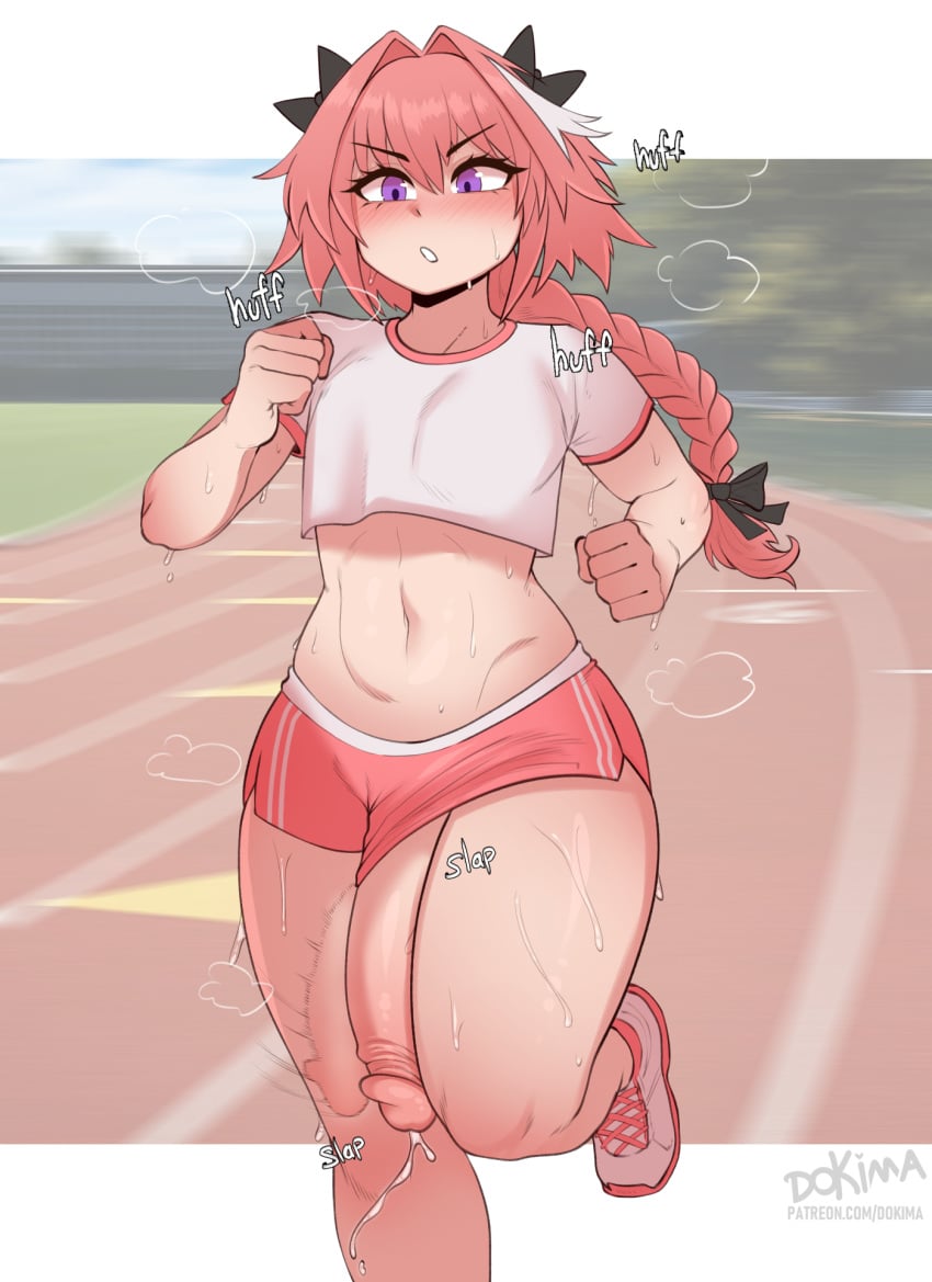 1boy 1femboy 2d accidental_exposure astolfo_(fate) big_ass big_penis bottom_heavy casual dokima fate_(series) femboy femboy_focus femboy_only hi_res high_quality high_resolution highres huge_cock hung_femboy hung_trap large_penis leaking massive_penis penis_through_leghole precum running small_but_hung sports_shorts sportswear sweat sweatdrop swinging_penis thick_thighs thighhighs thighs twink unaware