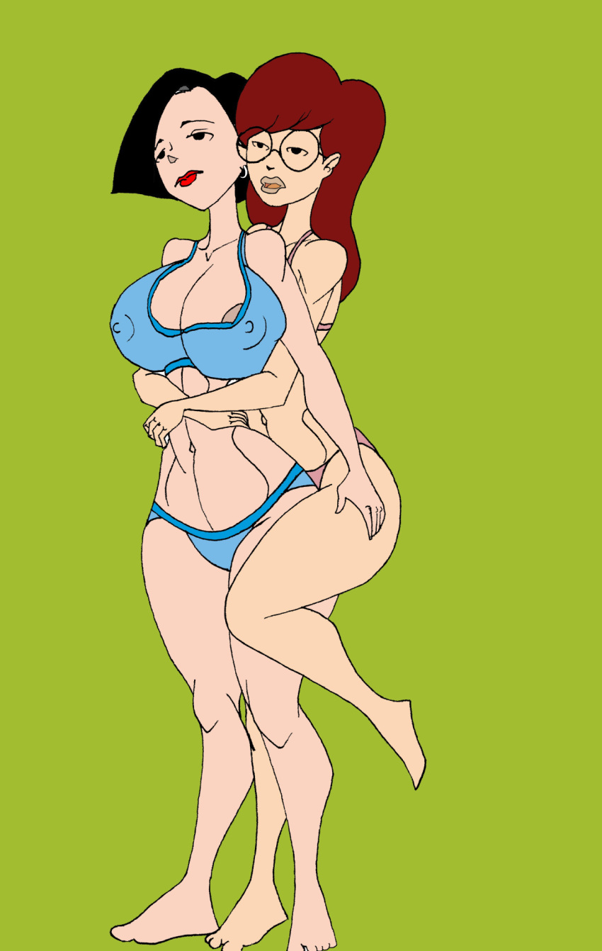 2girls areola_slip bare_shoulders barefoot big_breasts bikini bikini_bottom bikini_top black_eyes black_hair bob_cut brown_hair busty caglioro3666 cleavage curvy daria daria_morgendorffer duo erect_nipple erect_nipples female female_only from_behind front_view glasses hourglass_figure hug hugging human jane_lane large_breasts leg_lift leg_up long_hair midriff multiple_females multiple_girls open_mouth pose posing red_lips short_hair simple_background sports_bra swimsuit voluptuous wide_hips yuri