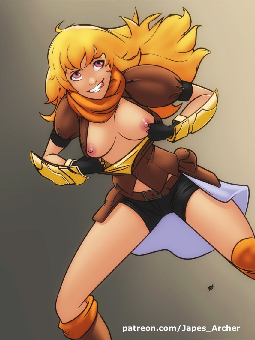 1girls artist_name belly belt blonde blonde_hair breasts denim denim_shorts female female_only fingerless_gloves flashing gauntlets gloves high_resolution jacket japes large_breasts legs legwear long_hair neckwear nipples open_shirt orange_neckwear patreon patreon_username purple_eyes rooster_teeth rwby scarf short_shorts shorts signature simple_background skirt solo stockings thighhighs tongue tongue_out web_address yang_xiao_long