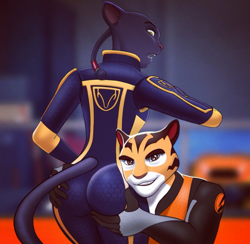 anthro ass braided_hair breasts butt butt_grab cat clothing duo feline female glue_studios green_eyes group hair hand_on_ass hi_res looking_at_viewer looking_back male mammal metalslayer panther rimba_racer smile tag_(rimba_racer) tamira_(rimba_racer) tiger uniform