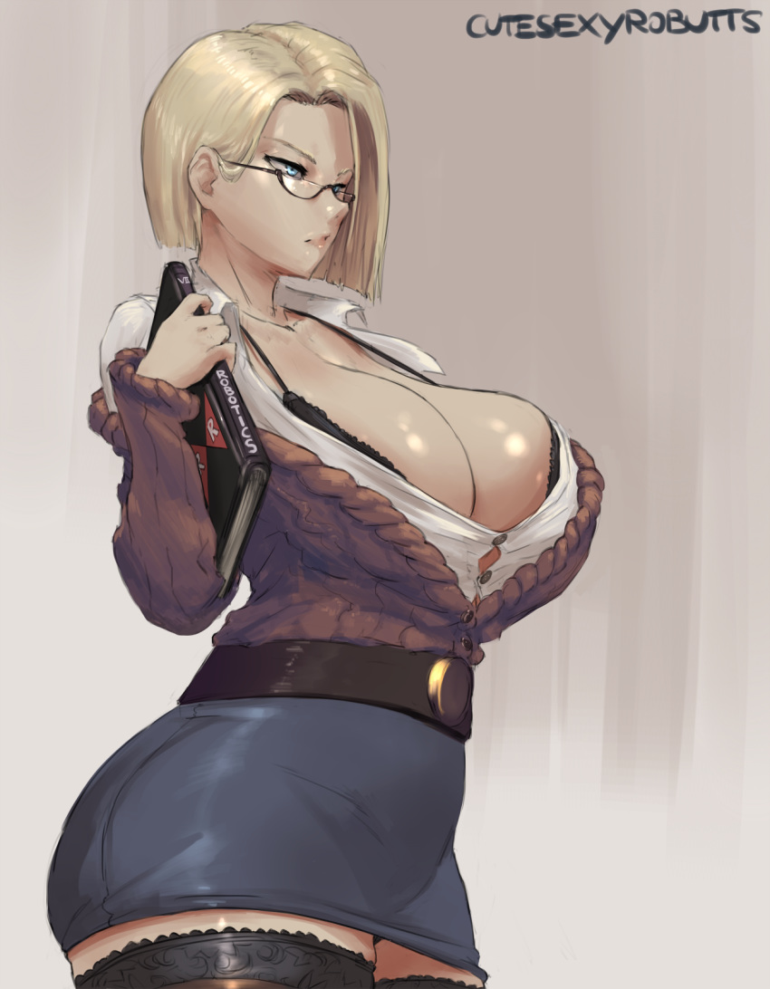 1girls 2d android_18 artist_name blonde_hair blue_eyes bursting_breasts cameltoe cleavage cleavage_overflow curvy cutesexyrobutts dragon_ball erect_nipples female glasses huge_areolae huge_ass large_breasts pencil_skirt puffy_nipples red_ribbon_army_symbol short_hair thick_lips thick_thighs thighhighs voluptuous watermark wide_hips