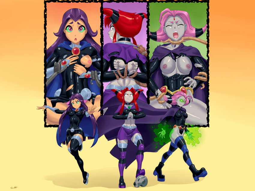 3girls big_breasts boots breasts dc dc_comics female female_only fusion goth grillo hypothetical_fusion jinx_(dc) multiple_girls nipples rachel_roth raven_(dc) ripped_clothing starfire straight_hair teen_titans tentacles torn_clothes