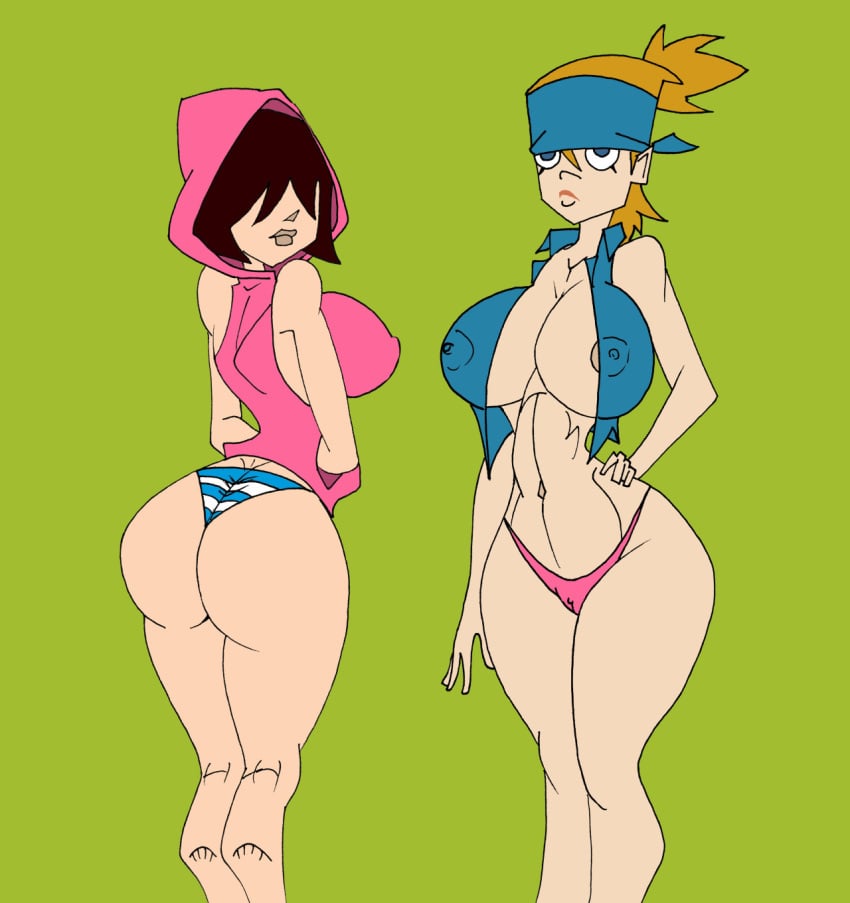 2girls aged_up areola_slip back_view background_character bandana bangs bare_shoulders big_breasts bikini_bottom blonde_hair blue_eyes blue_hair bob_cut brown_hair busty butt_crack caglioro3666 cleavage clothing curvy dancing_fish_members dat_ass disney duo erect_nipple erect_nipples female female_only front_view hand_on_hip hands_on_hip hands_on_hips headband hood hourglass_figure human midriff multiple_females multiple_girls nipple_bulge no_nose open_clothes open_shirt open_vest panties pink_panties ponytail pose posing randy_cunningham:_9th_grade_ninja short_hair simple_background striped_panties teenage thong tied_hair underwear vest voluptuous wide_hips yellow_hair yuri