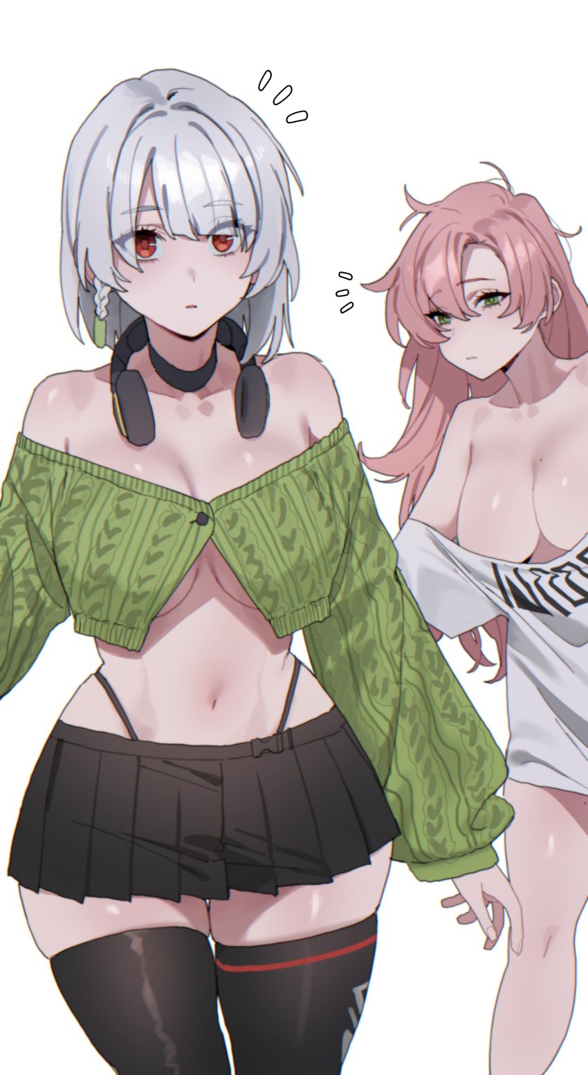 belly crop_top midriff nicole_demara pleated_skirt red_eyes short_hair short_skirt silver_hair sweater thighhighs underboob whale_tail zenless_zone_zero