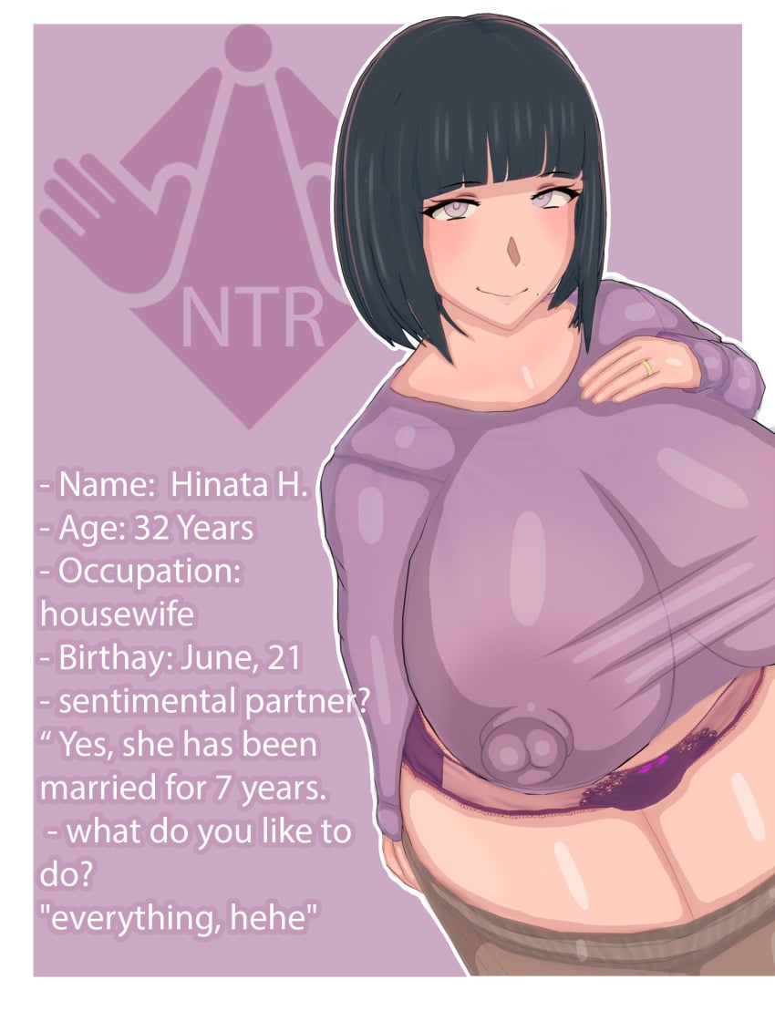 1girls 3d absurd_res absurdres big_breasts black_hair boruto:_naruto_next_generations breasts character_sheet dialogue english_text erect_nipples erect_nipples_under_clothes hi_res high_resolution highres hime_cut hyuuga_hinata jewelry looking_at_viewer married_woman mature mature_female milf naruto netorare nipples ntr panties purple_panties purple_underwear ring smile text underwear undressing vyrus_smith wedding_ring white_eyes