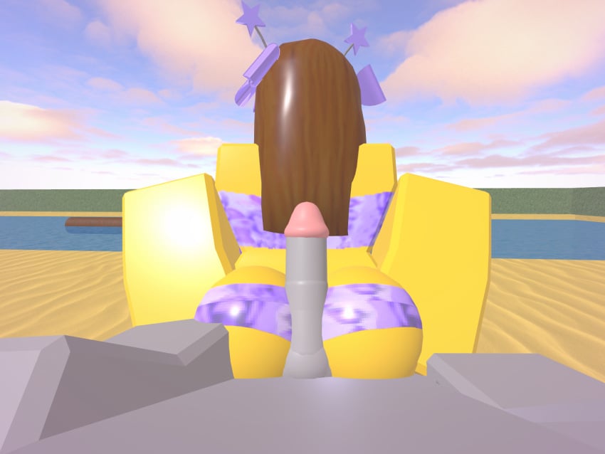 1boy 1boy1girl 1girls 3d beach_background blocky_body bloxzrd brown_hair different_angle female penis_against_ass pov purple_bikini roblox roblox_avatar robloxian tagme yellow_body yellow_skin