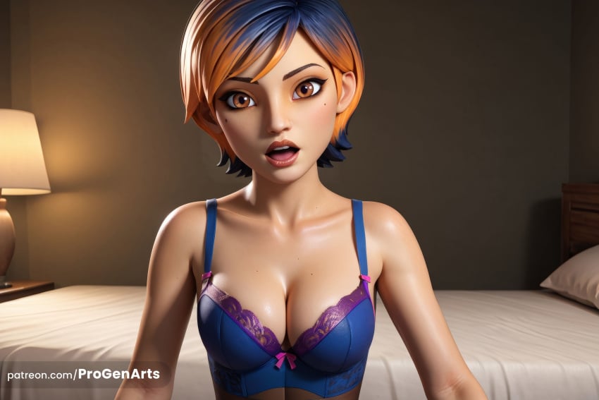 1girls ai_generated artist_name bed bedroom blue_bra blue_hair bow bow_bra bra breasts brown_eyes cleavage collarbone freckles hi_res indoors lace lace-trimmed_bra lace_trim lamp lips looking_at_viewer medium_breasts mole mole_under_eye multicolored_hair on_bed open_mouth orange_hair pillow progenarts purple_bra sabine_wren short_hair solo star_wars swept_bangs teeth underwear upper_body watermark web_address