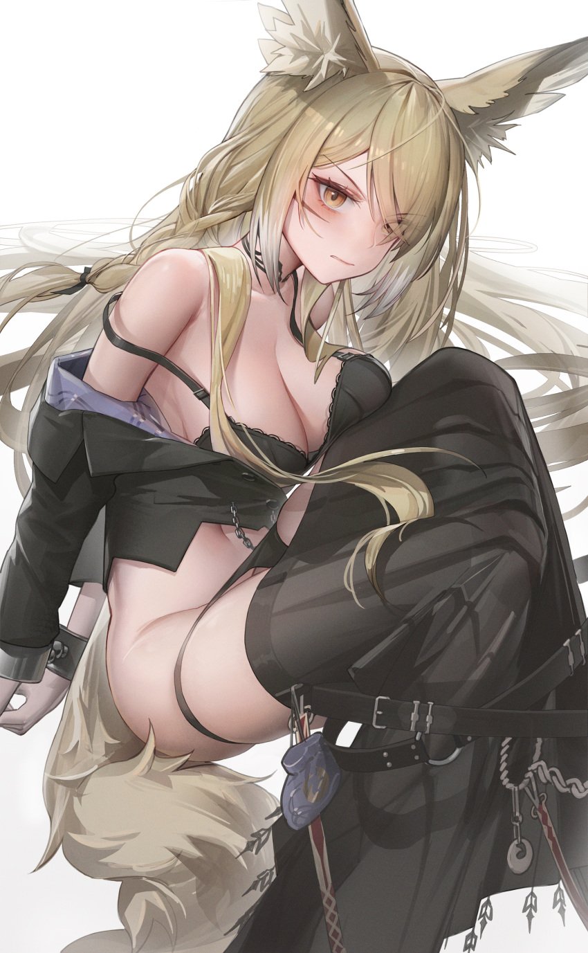 2024 9am9i animal_ears arknights arms_behind_back bare_shoulders belt black_belt black_bra black_jacket black_panties black_skirt blonde_hair bound bound_wrists bra braid closed_mouth female fox_ears fox_girl fox_tail hair_over_one_eye hi_res jacket long_hair looking_at_viewer navel off_shoulder panties panty_pull scar scar_on_cheek scar_on_face side_braids simple_background skirt solo strap_slip tail tattoo_choker underwear very_long_hair vulpisfoglia_(arknights) white_background yellow_eyes