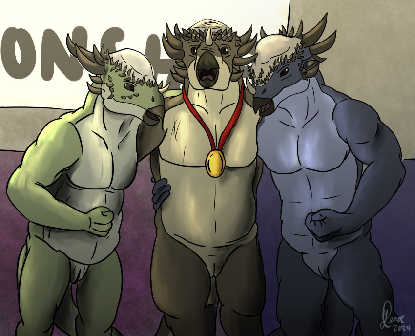 absurd_res animal_genitalia anthro bros_being_bros contest dinosaur genital_slit genitals group headbutt hi_res horn male medal nude ornithischian pachycephalosaurid pachycephalosaurus prehistoric_species prompt reptile scalie secrets_of_uncrom spikes spikes_(anatomy) stiti trio uncrom yenocwolf