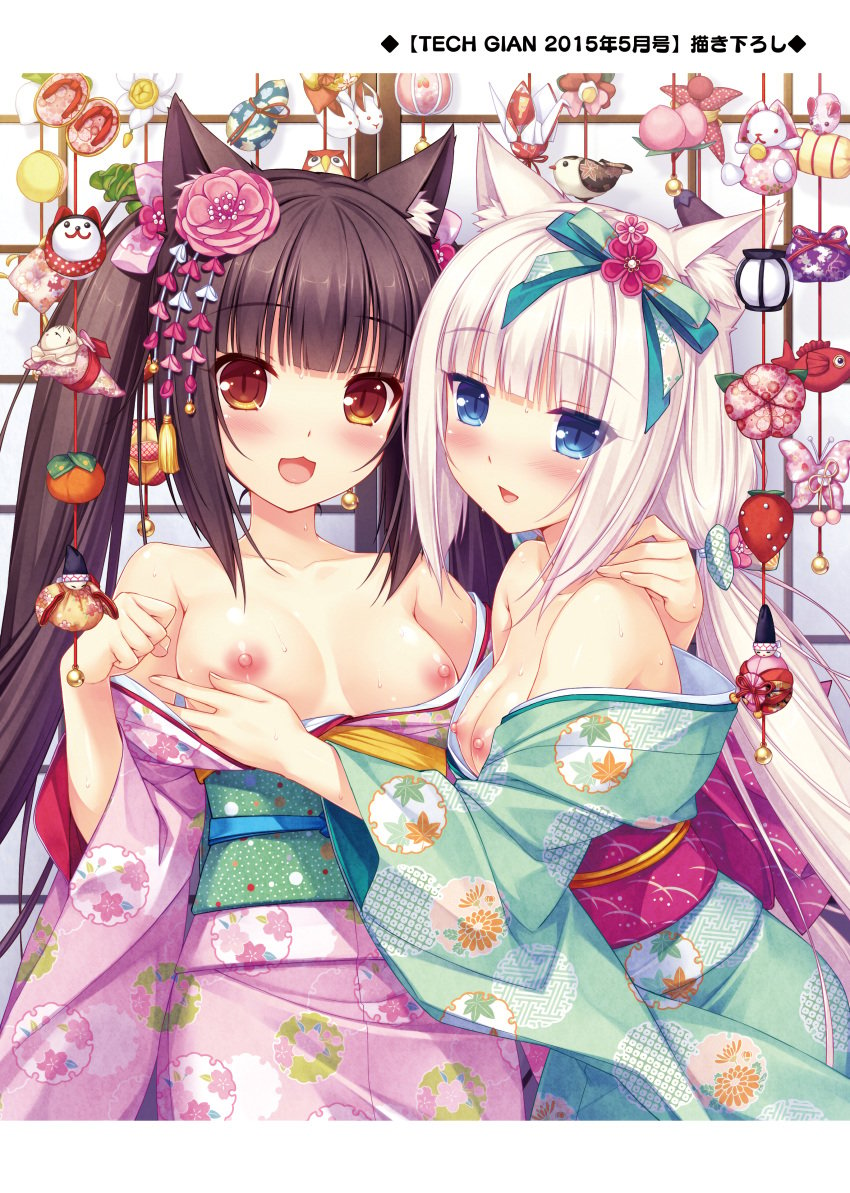 2girls blue_eyes breasts breasts_out brown_eyes brown_hair catgirl chocola_(sayori) female female_only japanese_clothes kemonomimi kimono long_hair nekopara small_breasts vanilla_(sayori) white_hair