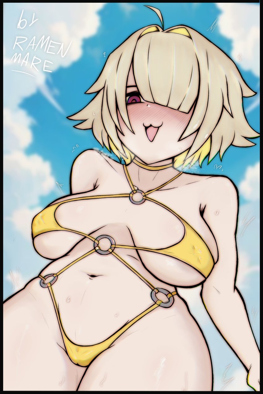 :3 amoral_sociedad artist_name bangs_over_eyes big_breasts bikini blonde_hair blush elegg_(nikke) from_below goddess_of_victory:_nikke large_breasts navel pink_eyes plump short_hair two_tone_hair wide_hips