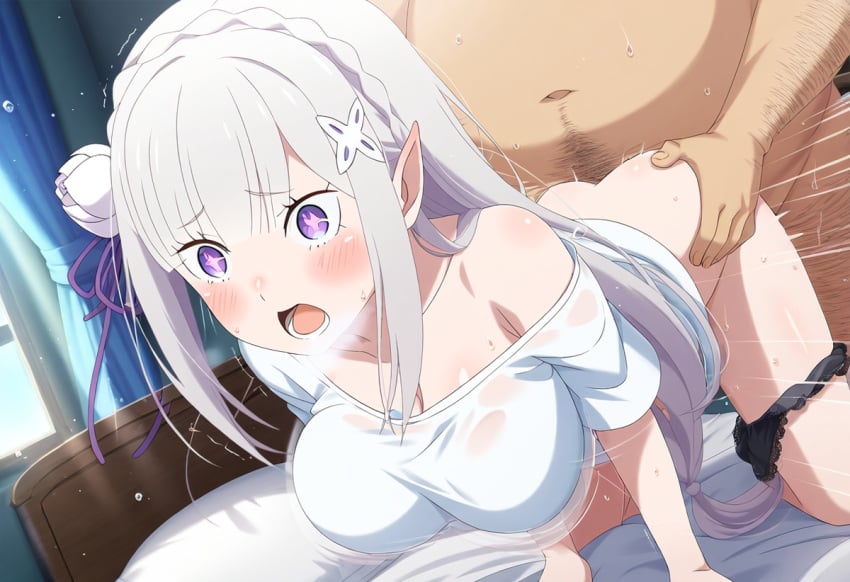 1boy 1girls ai_generated ass big_ass big_breasts doggy_style elf elf_ears elf_female emilia_(re:zero) enjoying fat_man moaning_in_pleasure re:zero_kara_hajimeru_isekai_seikatsu vagina vaginal_penetration vaginal_sex violet_eyes white_hair