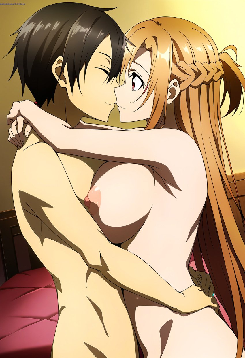 1boy 1girls accurate_art_style ai_generated auburn_hair before_kissing before_sex big_breasts black_hair brown_eyes canon_couple dasein embracing_another imminent_kiss imminent_sex kirito nude sword_art_online yuuki_asuna